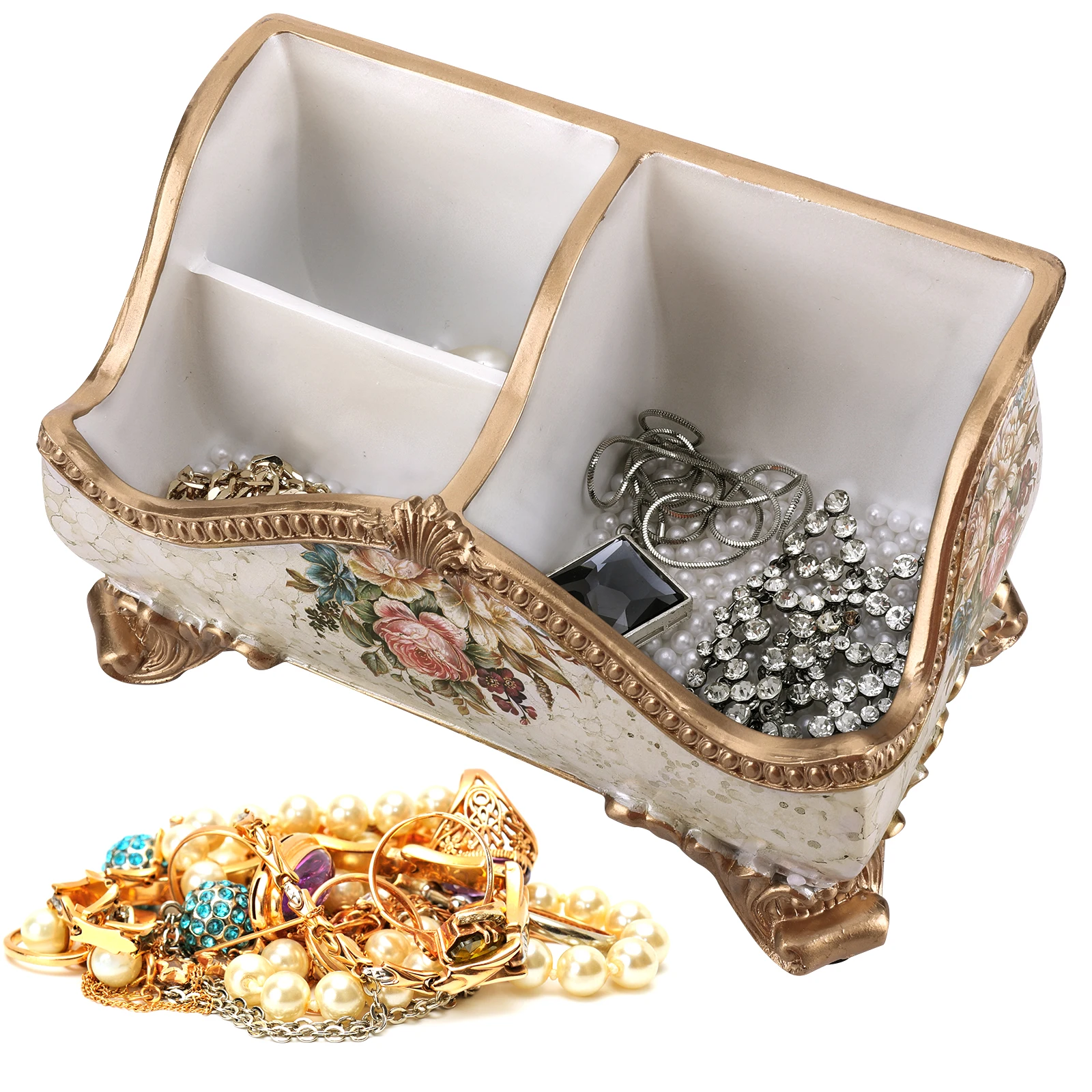 

Vintage Floral Resin Tray Remote Control Holder & Desk Organizer Three Compartment Storage Box Table Home Decor