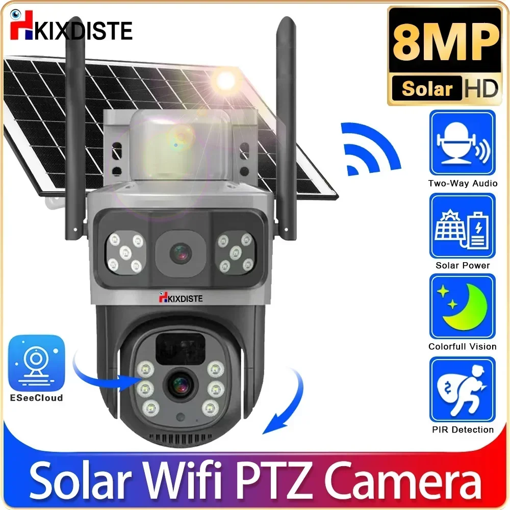

Wi-Fi Солнечная батарея PTZ-камера 4K Двойной объектив Двойной экран Открытая безопасность Защита PTZ-камера PIR Обнаружение человека CCTV Двусторонняя аудиосистема