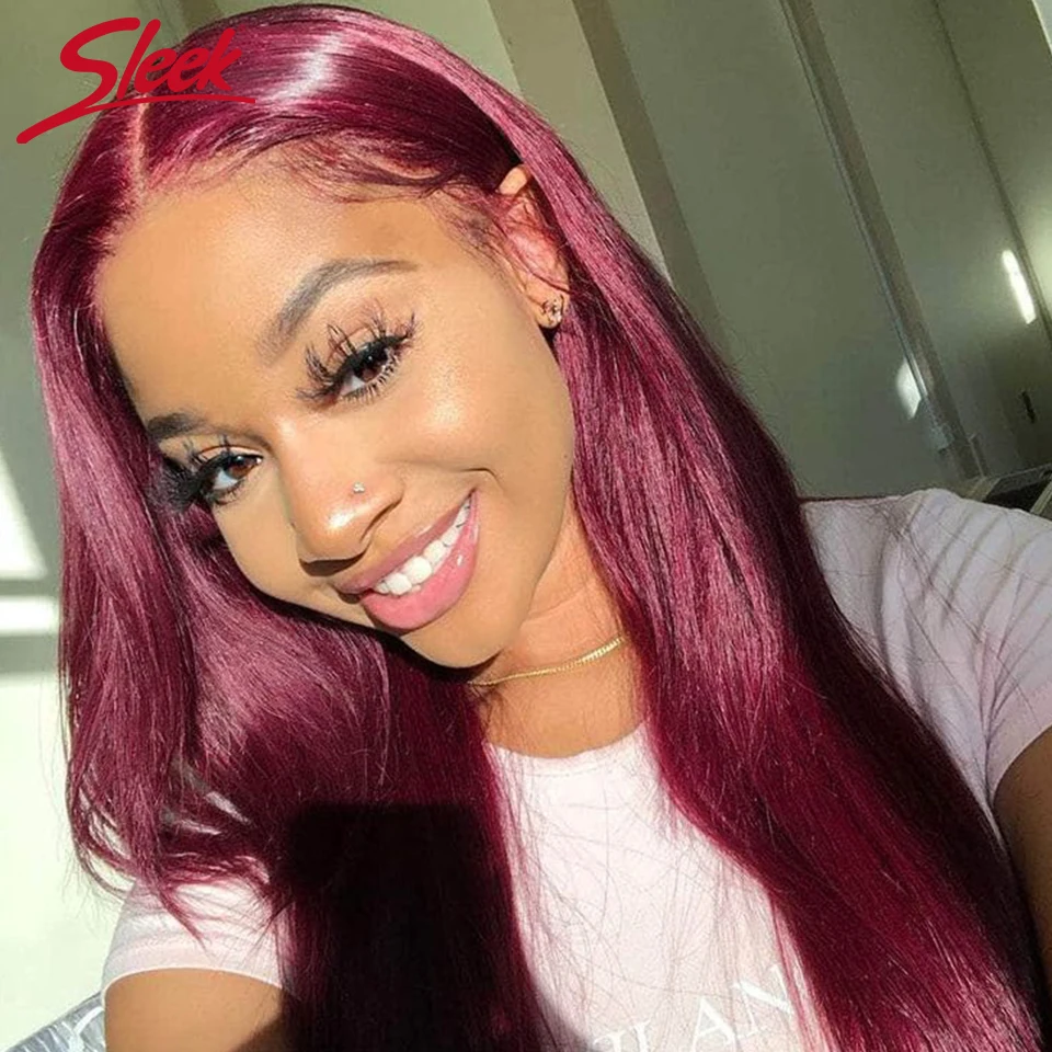 

Sleek Brazilian T Part Lace Wig 99J Human Hair Wigs 14-26 Inches Middle Part Burgundy Human Hair Lace Front Wigs