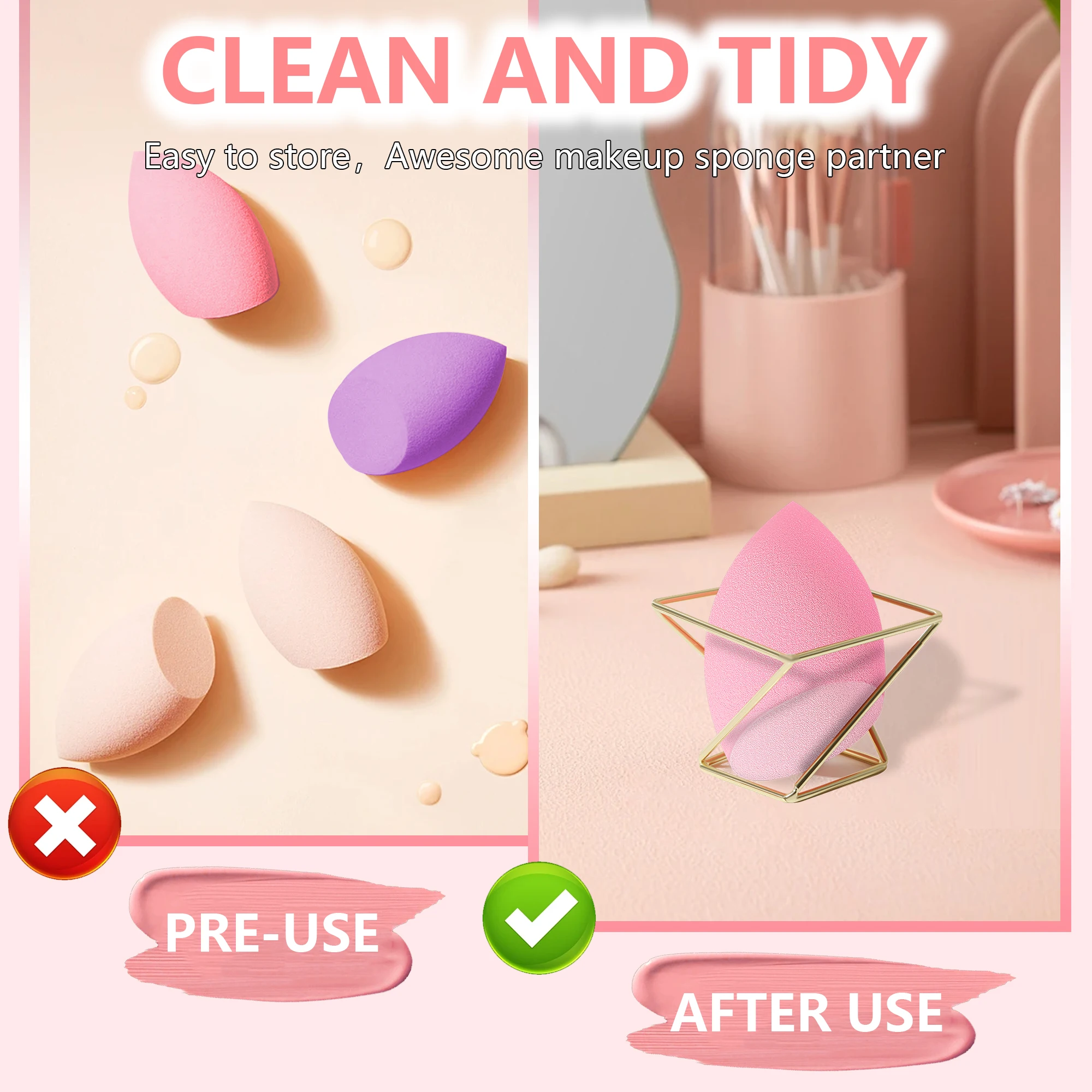 6-delige make-upsponsset + metalen houder, latexvrije schoonheidsspons voor het mengen van foundation, vloeistof, crème en poeder