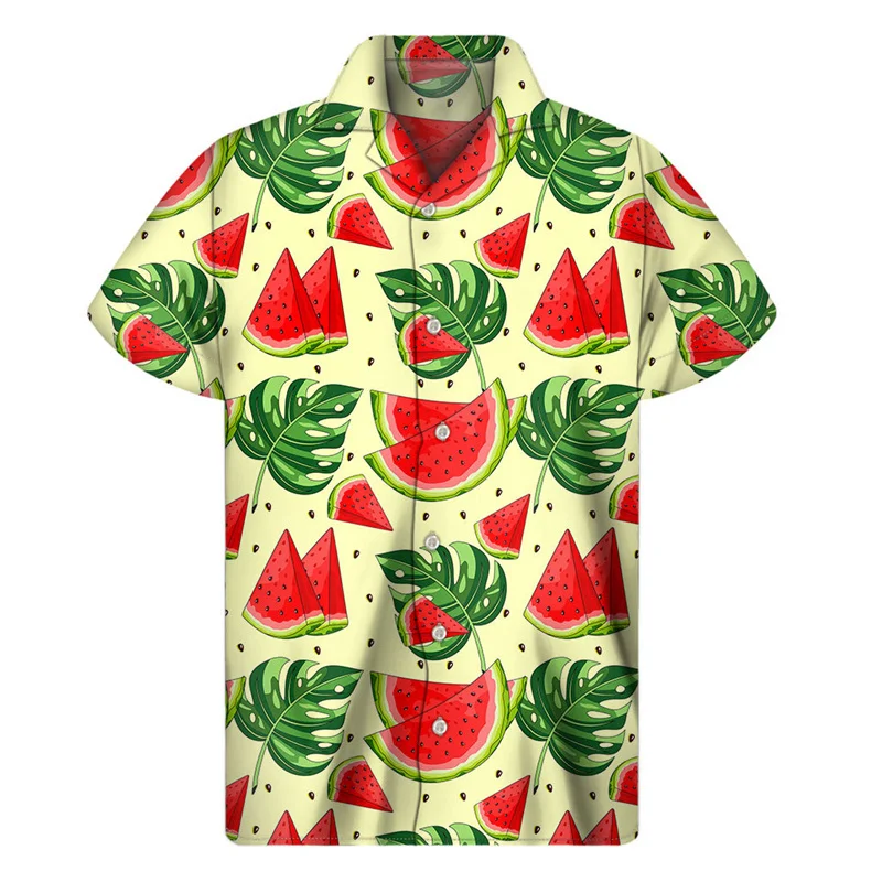 2024 Colorful Watermelon Graphic Hawaiian Shirt Summer Tops Short Sleeves 3d Printed Fruit Button Shirt Men Clothes Lapel Blouse