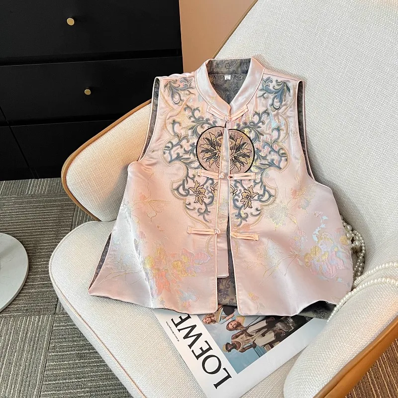 Miiiix New Chinese Style Buckle Heavy Industry Embroidered Vest Women's Spring Retro Standing Collar Sleeveless Shoulder Top