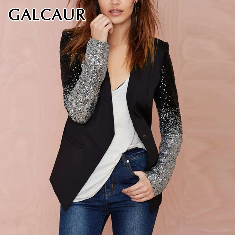 

GALCAUR Solid Slimming Spliced Sequins Fashion Blazers for Women Notched Long Sleeves Patchwork Single Button Coat Female Style