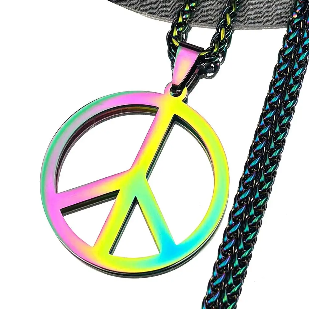 Hiphop Peace Sign Clavicle Chain For Women Men Stainless Steel Rainbow Color Party Fashion Decor Male Necklace Jewelry Gifts