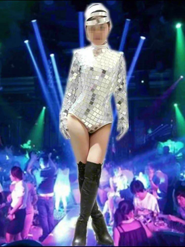 Silver Mirror Bodysuit Gloves Headdress Women Space Dance Outfit Bar Nightclub Female DJ Singer Jazz Team Performance Costume