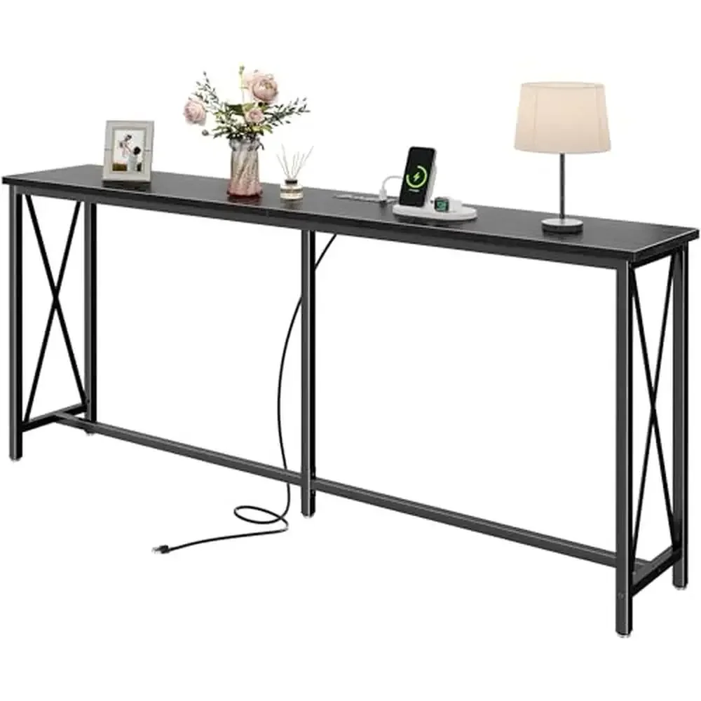 

Long Entryway Table with 2 Outlets 1 Type-C 1 USB Port Rustic Sofa Table with Metal Frame X-Shaped Bars 70" Charging Console