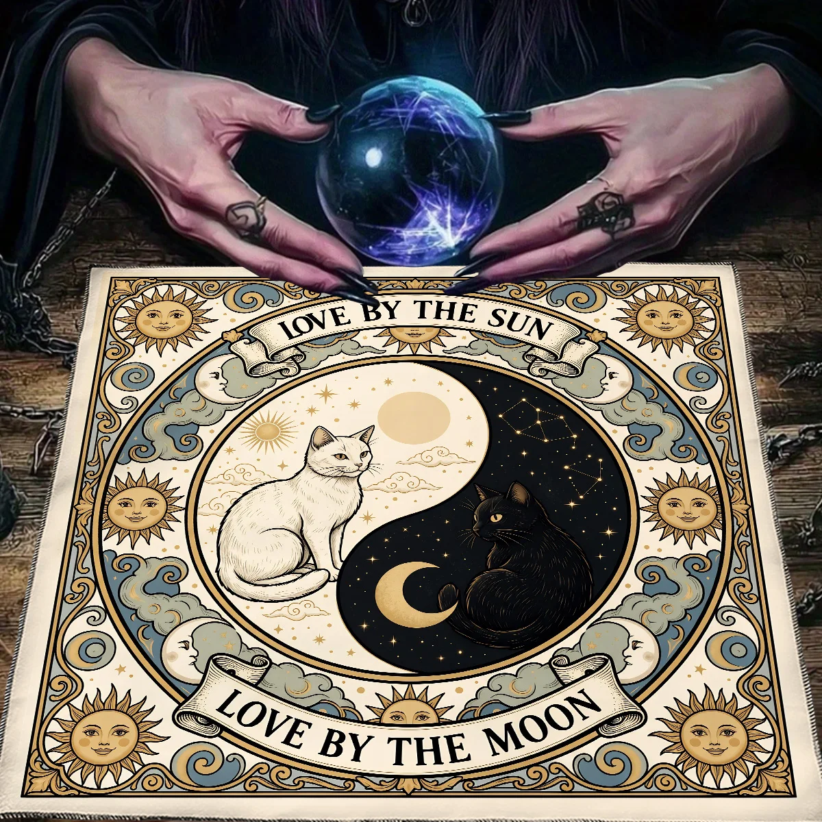 Yin Yang Cat Tarot Card Tablecloth Starry Sky & Sun Moon Altar Cloth For Tarot Witch Wicca Divination Cloth Card Pad Home Decor