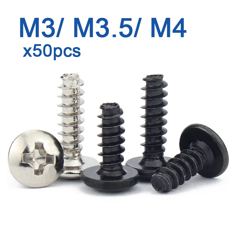 50 Stück M3 M3,5 M4 schwarz verzinkt/vernickelt/304 Edelstahl Phillips Kreuzschlitz Pilz Truss Kopf selbstschneidende Schrauben – Detail 2