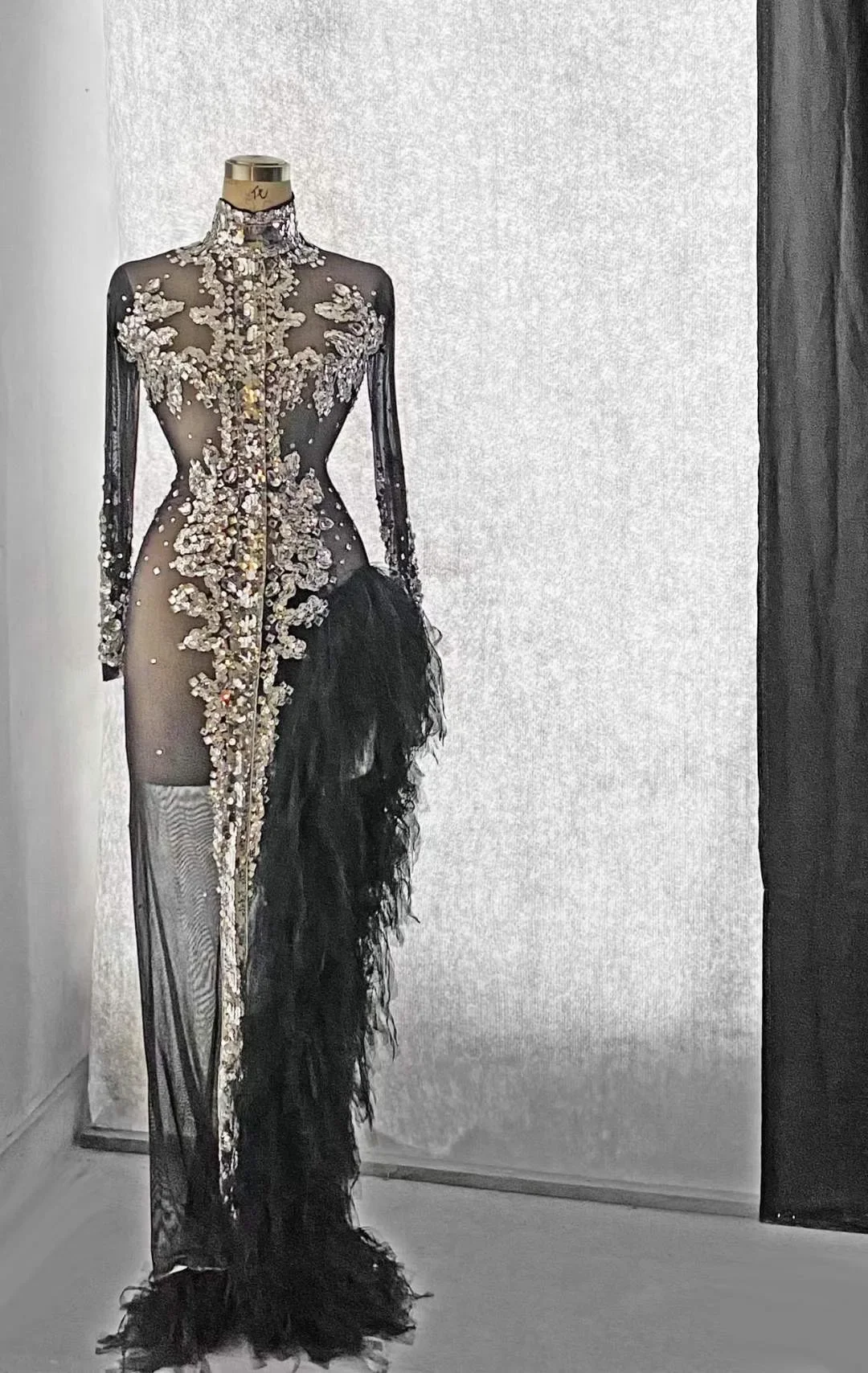 Frauen Schwarz Glänzende Pailletten Strass Gaze Sexy Langes Kleid Abend Ballsaal Bühne Sängerin Kostüme