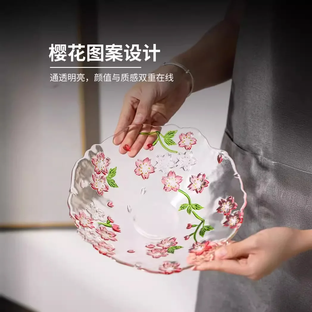 Japanese Hand-painted Cherry Blossom Glass Dessert Plate with High Aesthetic Value, Kitchen Accessories, Fruit Snack Plate