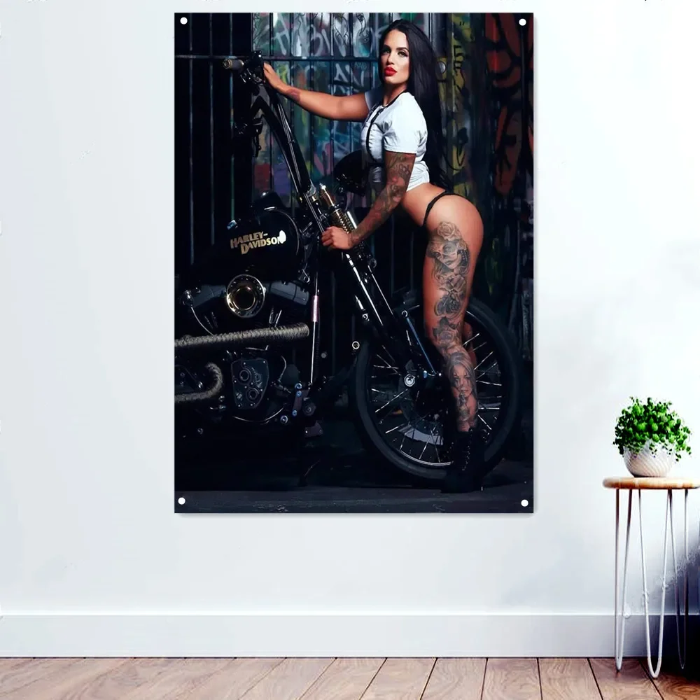 Pin on sexy biker girls Motorcycle Wall Art Tapestry Banner Flag Posters Prints Pub Club Man Cave Bar Garage Wall Decor Painting