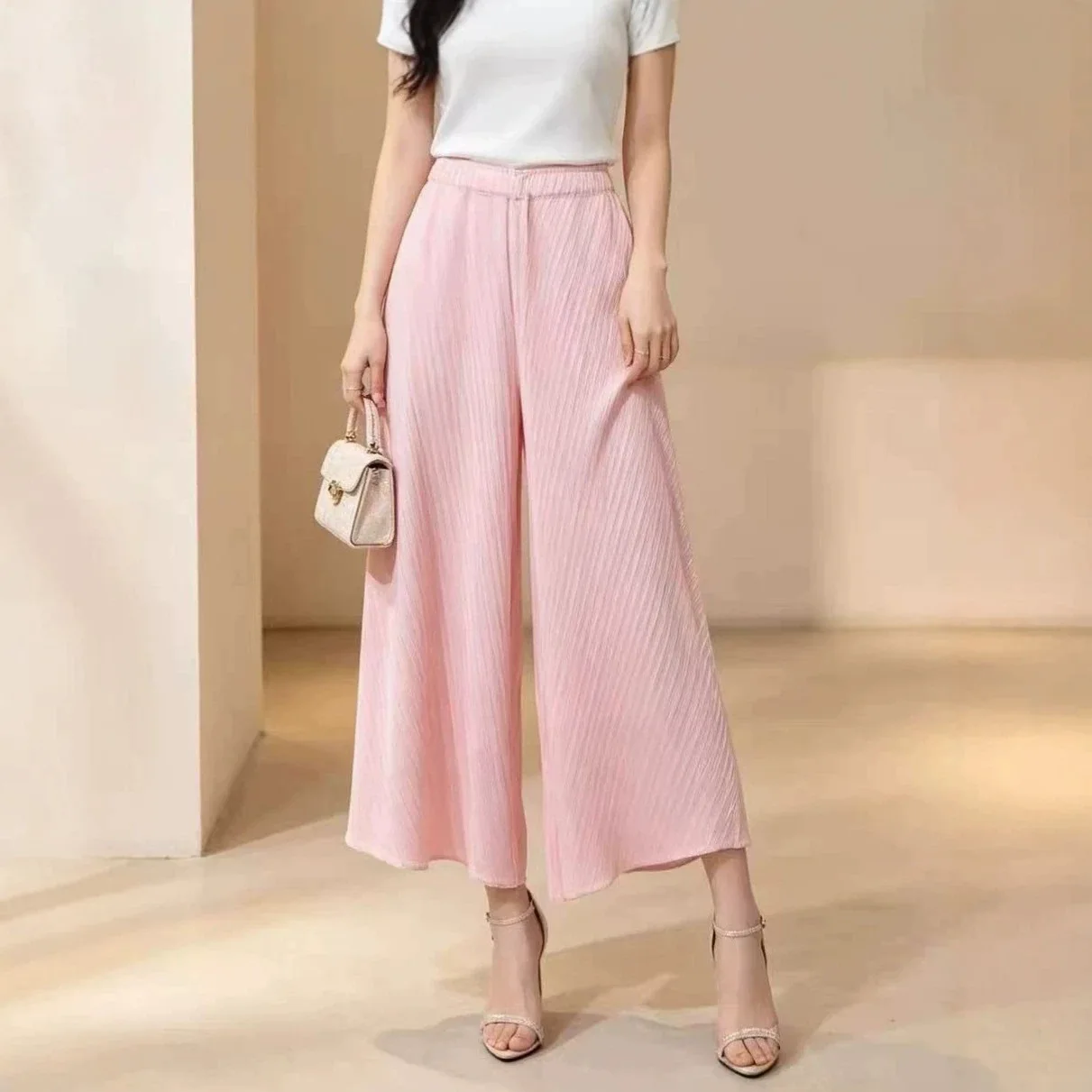 Miyake Pleated Wide Leg Pants  Women, Elastic High Waist Diagonal Pleat Loose Flow‑y Palazzo Trousers Casual Ankle Length Pants