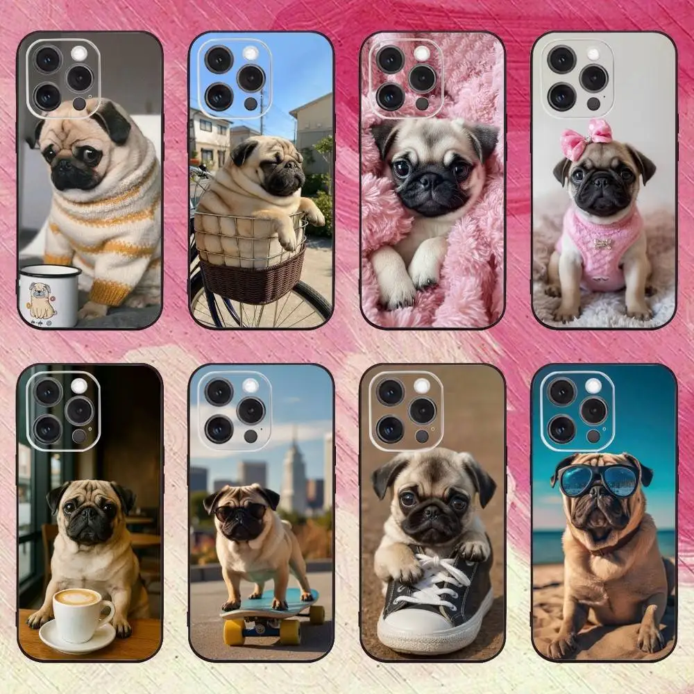 

Cute Pug Dog Phone Case For iPhone17,16,15,14,13,12,11 Plus,Pro Max Soft Black Cover