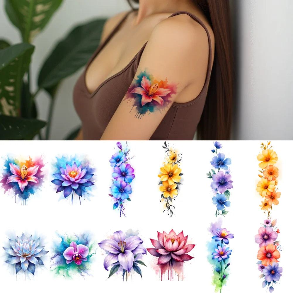 

12 шт., временные татуировки, красочные цветы, временные татуировки, наклейки, акценты-бабочки, цветочный дизайн для рук, взрослых, спина