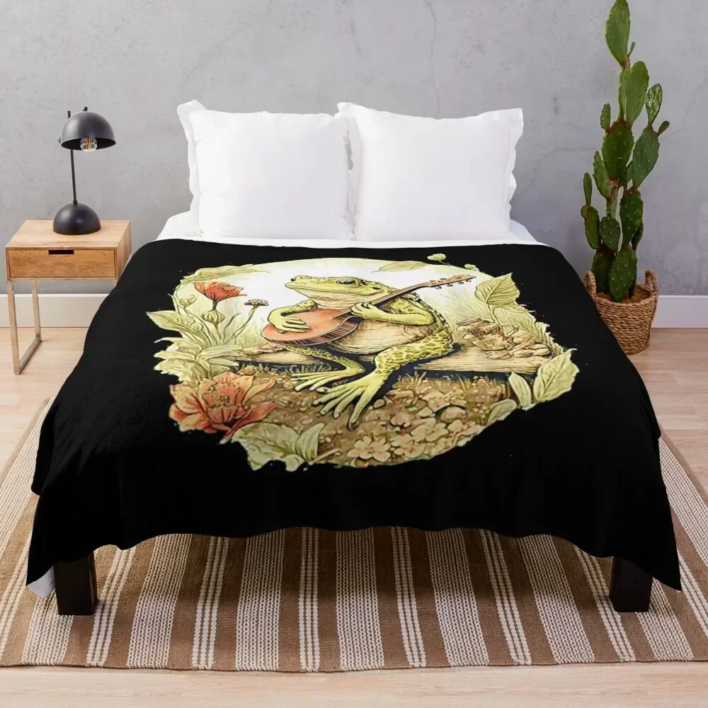 

Frog Playing Banjo On Log, Funny Cottagecore Aesthetic Frog With Musical instrument Throw Blanket