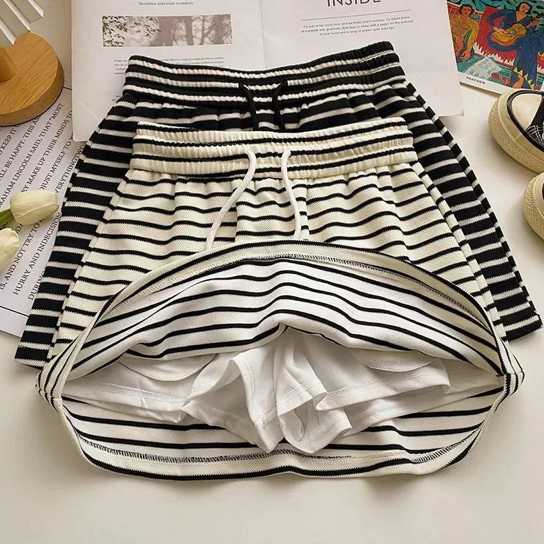 

Полосатая юбка трапециевидной формы с высокой талией, повседневная женская полиэфирная ткань премиум-класса, велосипедная сцена, другой дизайн талии