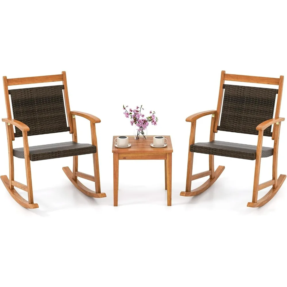 

3 Pieces Patio Rocking Chair Set, Patiojoy Acacia Wood Rocker with Side Table, Outdoor Chairs with Wicker Rattan Seat & Backres