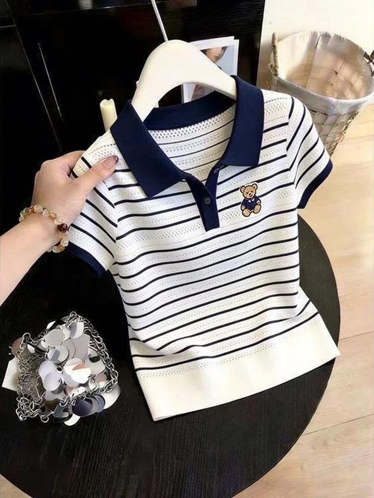 Large Size Bear Embroidery Ice Silk Short Sleeve Knitted Summer Thin Hollow out T-Shirt Loose Striped Top for Women Casual Style