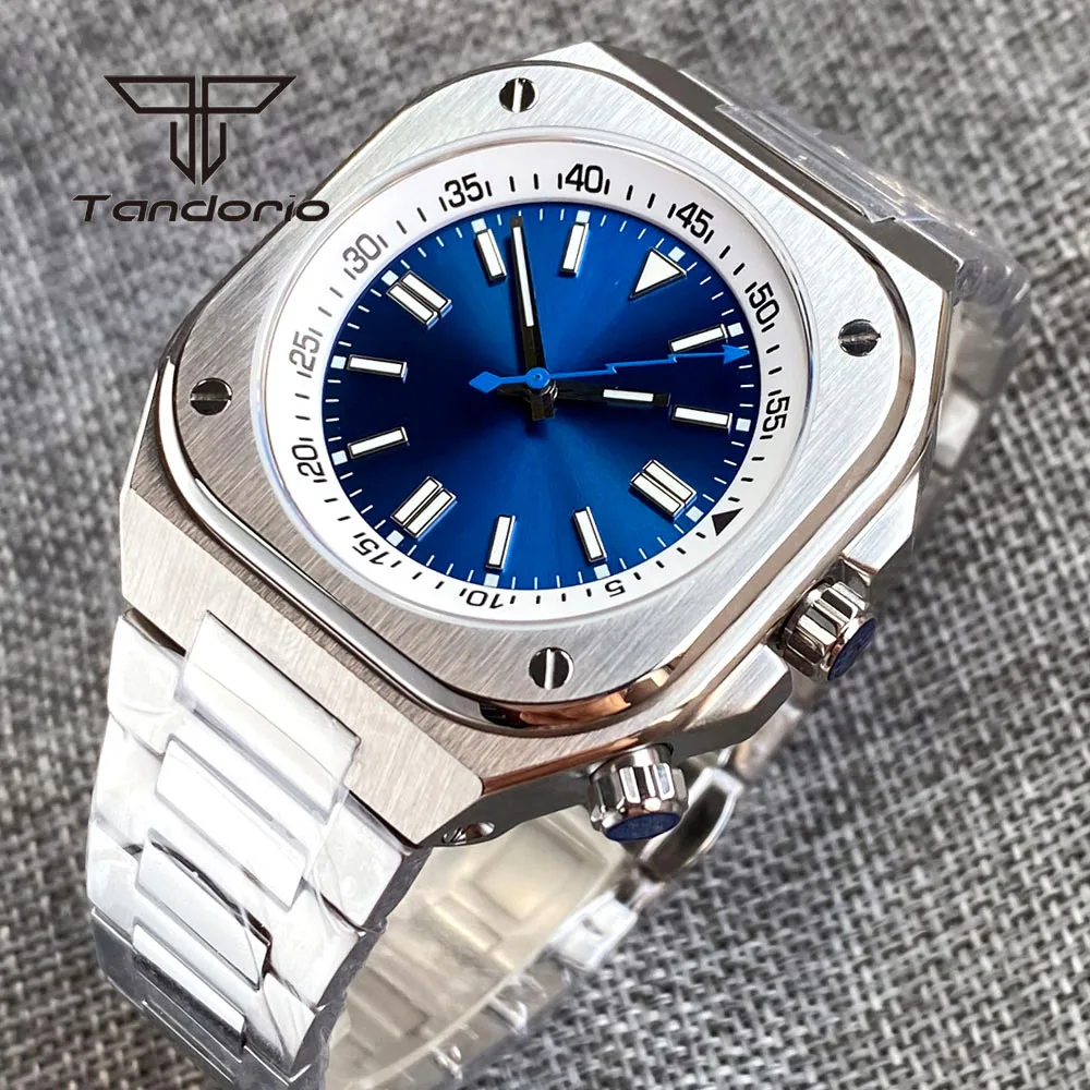 

Tandorio 42mm Stainless Steel Brushed Square NH35A Men's Automatic Watch Sapphire Glass Blue Sunburst Dial See-through Caseback