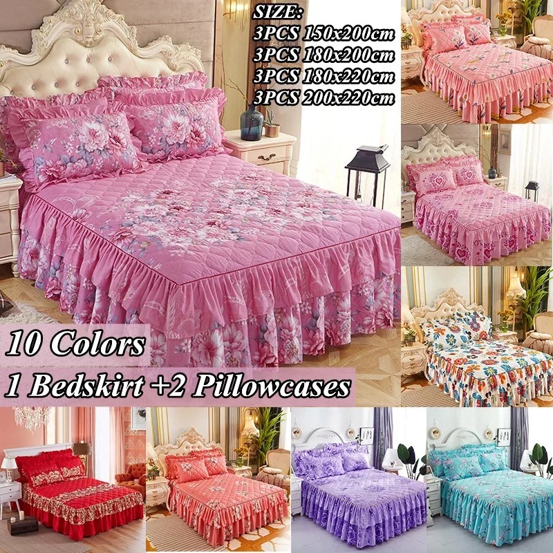 

Double Layer Flowers Quilted Bed Skirt Sheets Microfiber Ruffled Bed Skirt Thickening Sanding Bed Cover Simmons BedLace Sheets