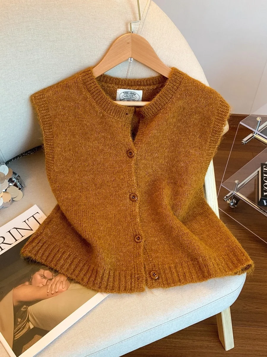 

Orange Retro round Ne Knitted Vest Women's Spring Autumn Faionable Svel Open Cardigan Top Layered Wear ort Sle