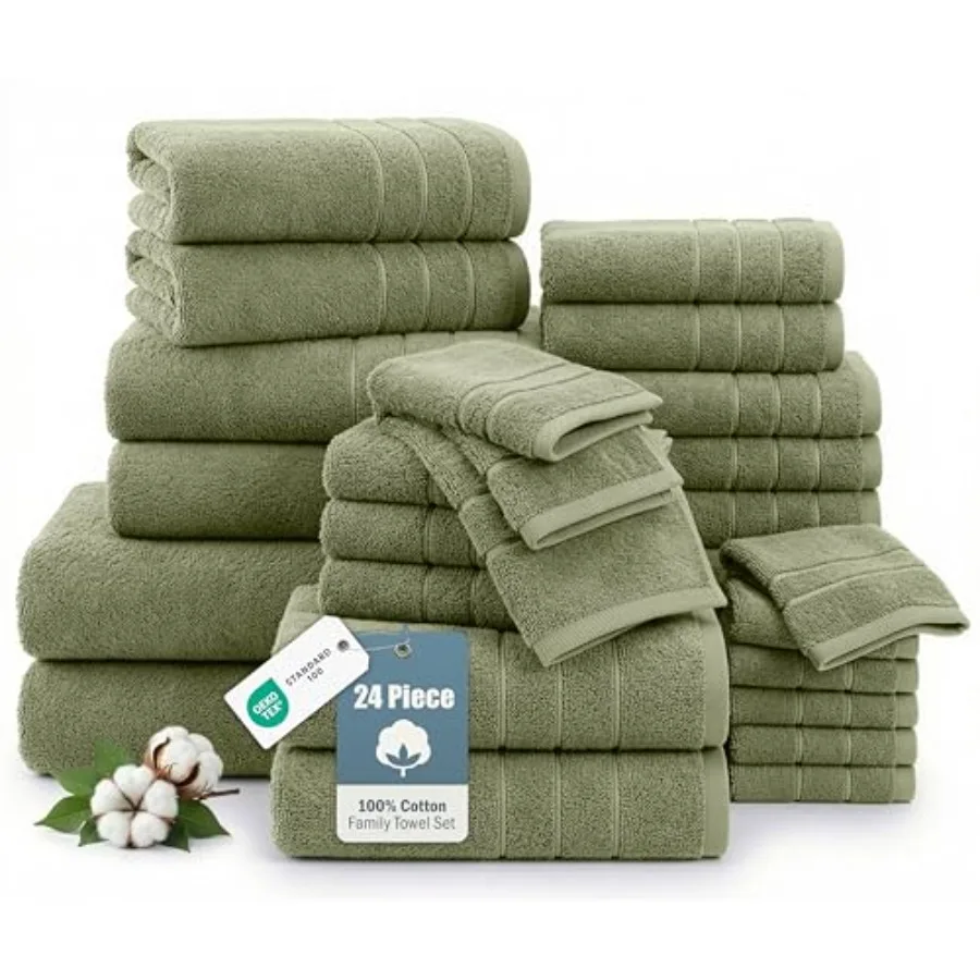 

24-Piece Luxury Bathroom Towel Sets 100 Cotton, Oil Green, Highly Absorbent for Spa, Hotel Everyday Use
