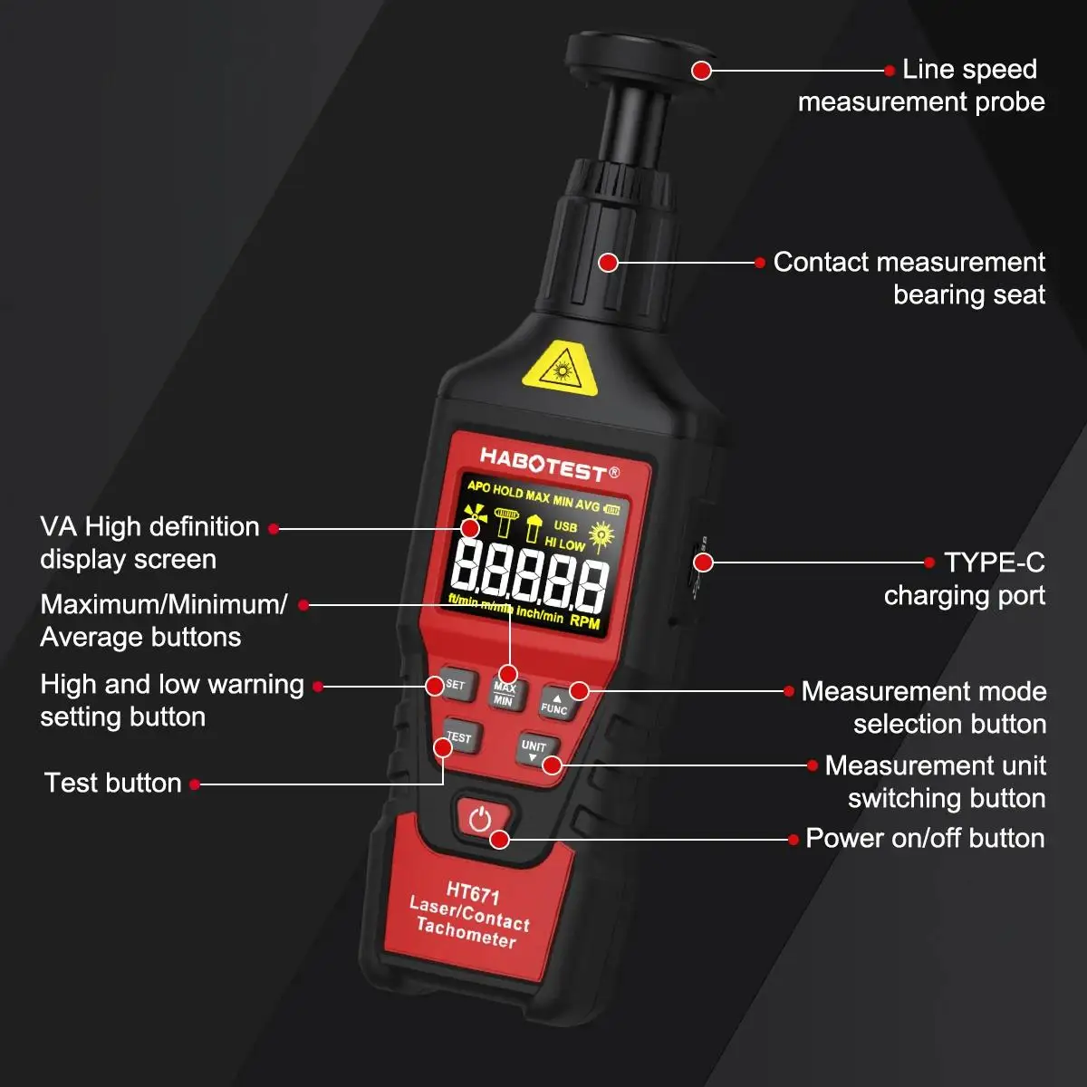 HABOTEST HT671 2-in-1 Contact And Non-Contact Laser Tachometer (Switchable Mode) 10-99999 Counting Range Rechargeable Tachometer