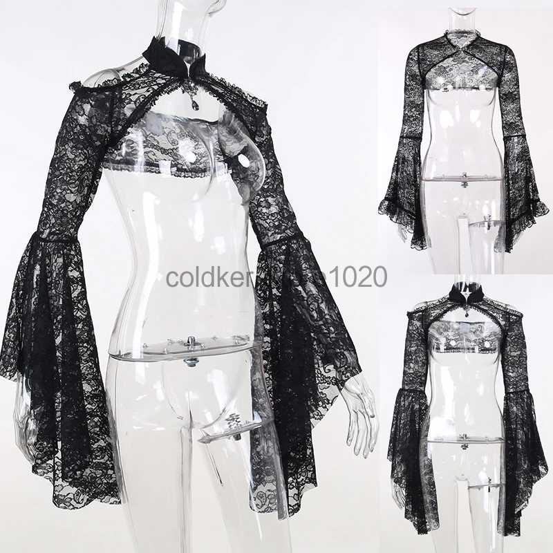 Women Gothic Flare Sleeve Lace Top Shrug Style Dark Smock Waistcoat Ladies Black Off-Shoulder Hollow Goth Coat Y2k Cropped Tops