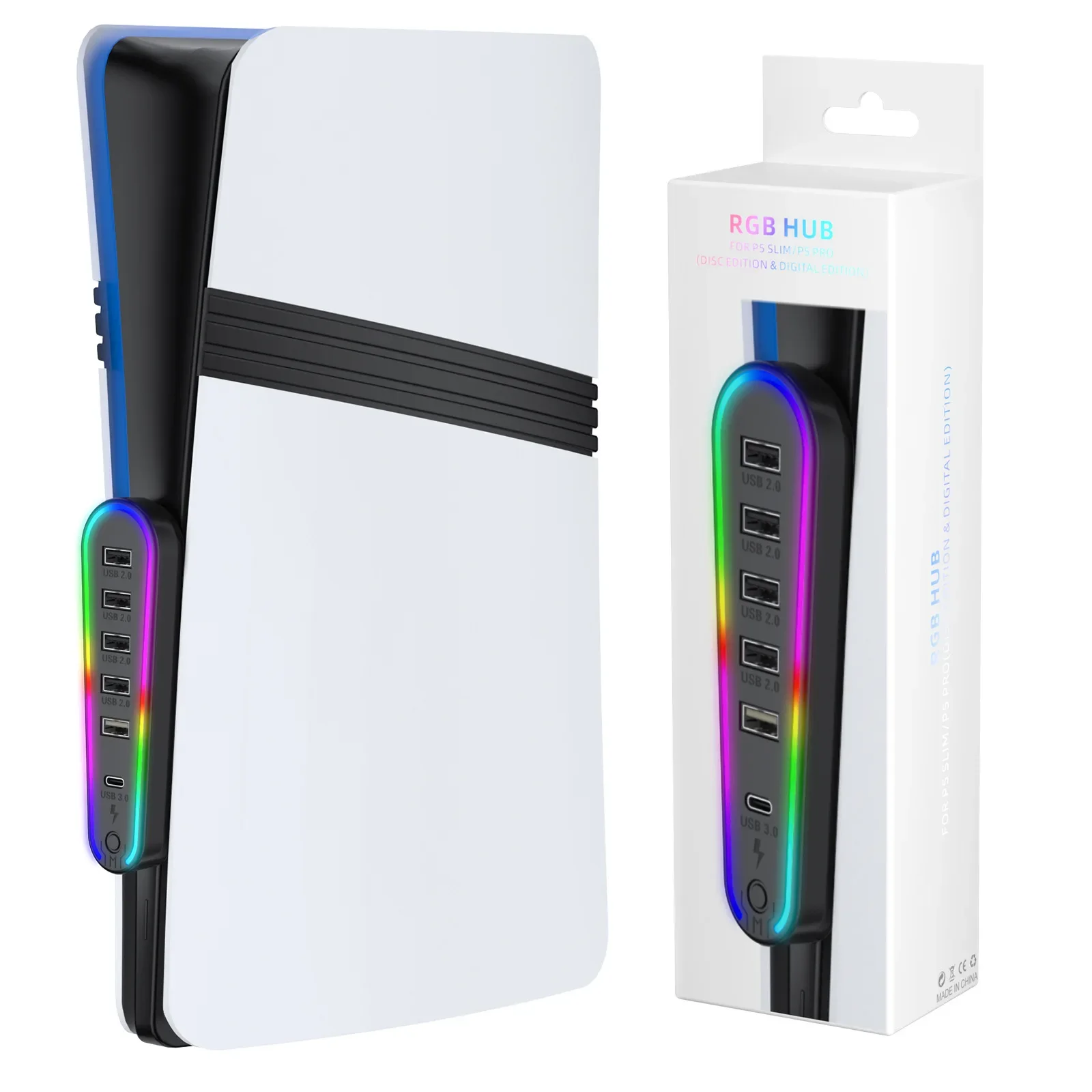 JYS-P5231 لـ PS5 Pro/PS5 Slim Host Six in One USB 2.0 HUB موسع نقل البيانات مع إضاءة RGB