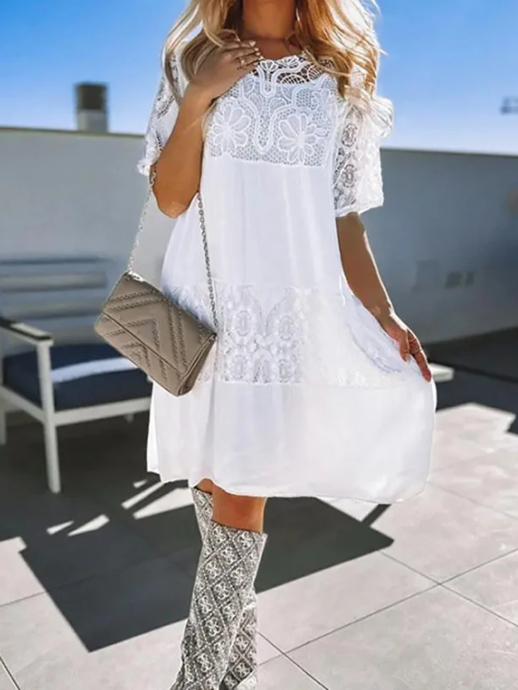 Short Sleeve Lace Patchwork Round Neck Dress Summer Elegant Women Solid Slim Dress Party Club Femme Mini Hollow Dress Vestidos