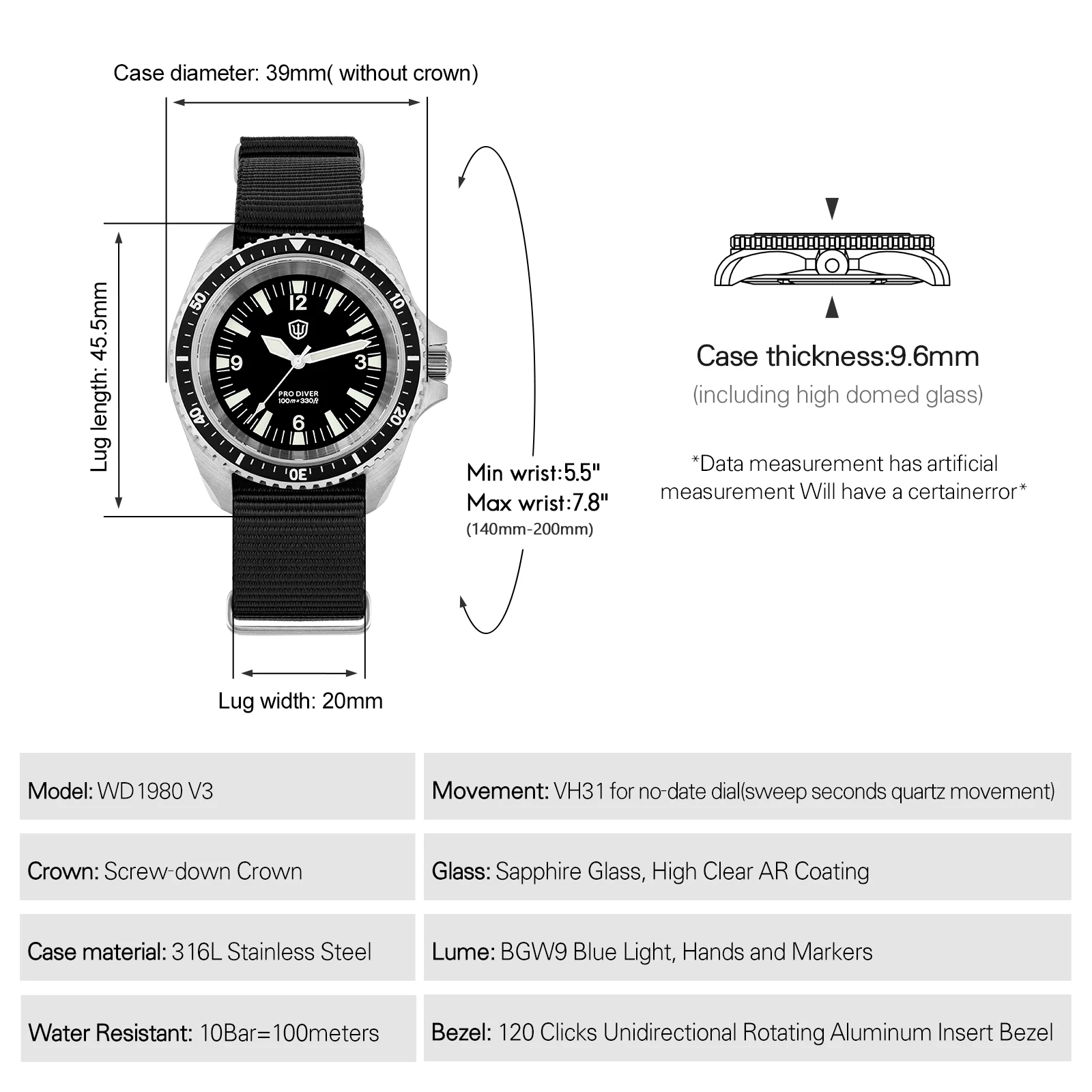 Watchdives WD1980 V3 Luxury Watch VH31 Sweep Seconds Quartz Movement AR Coating Sapphire Glass 10Bar Waterproof Men's Watches