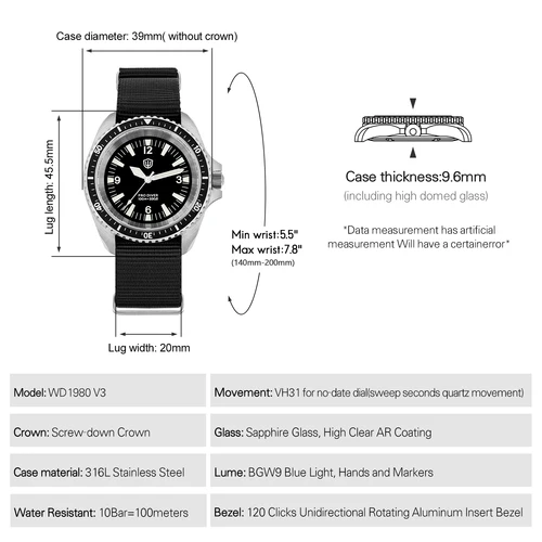 Imagen 2 del producto Watchdives WD1980 V3 reloj de lujo VH31 barrido segundos movimiento de cuarzo revestimiento AR cristal de zafiro 10Bar relojes impermeables para hombres
