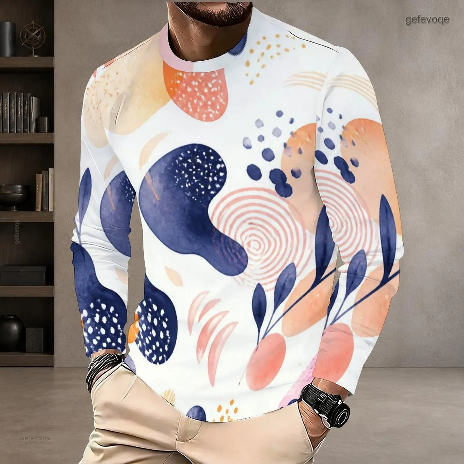 Men Abstract Watercolor Geometric Leaf Printed Round Neck Long Sleeve T Shirt