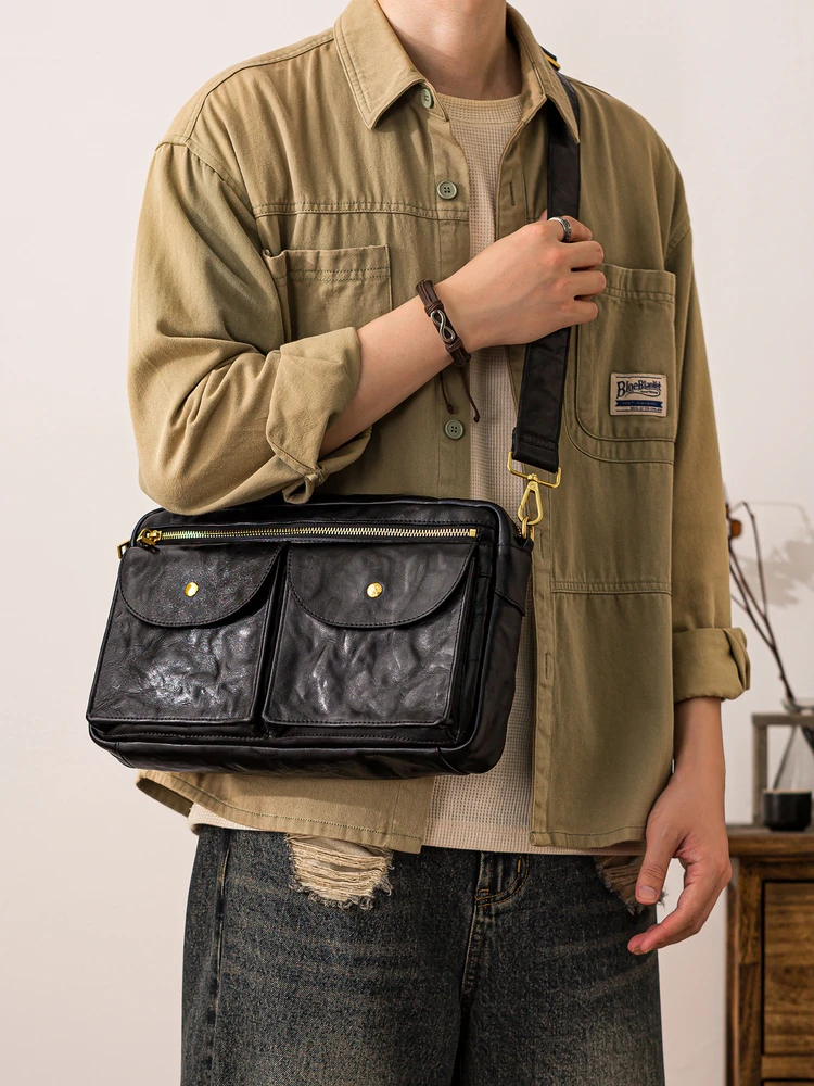 PNDME fashion casual high-quality genuine leather men large-capacity shoulder bag outdoor work luxury cow leather crossbody bag