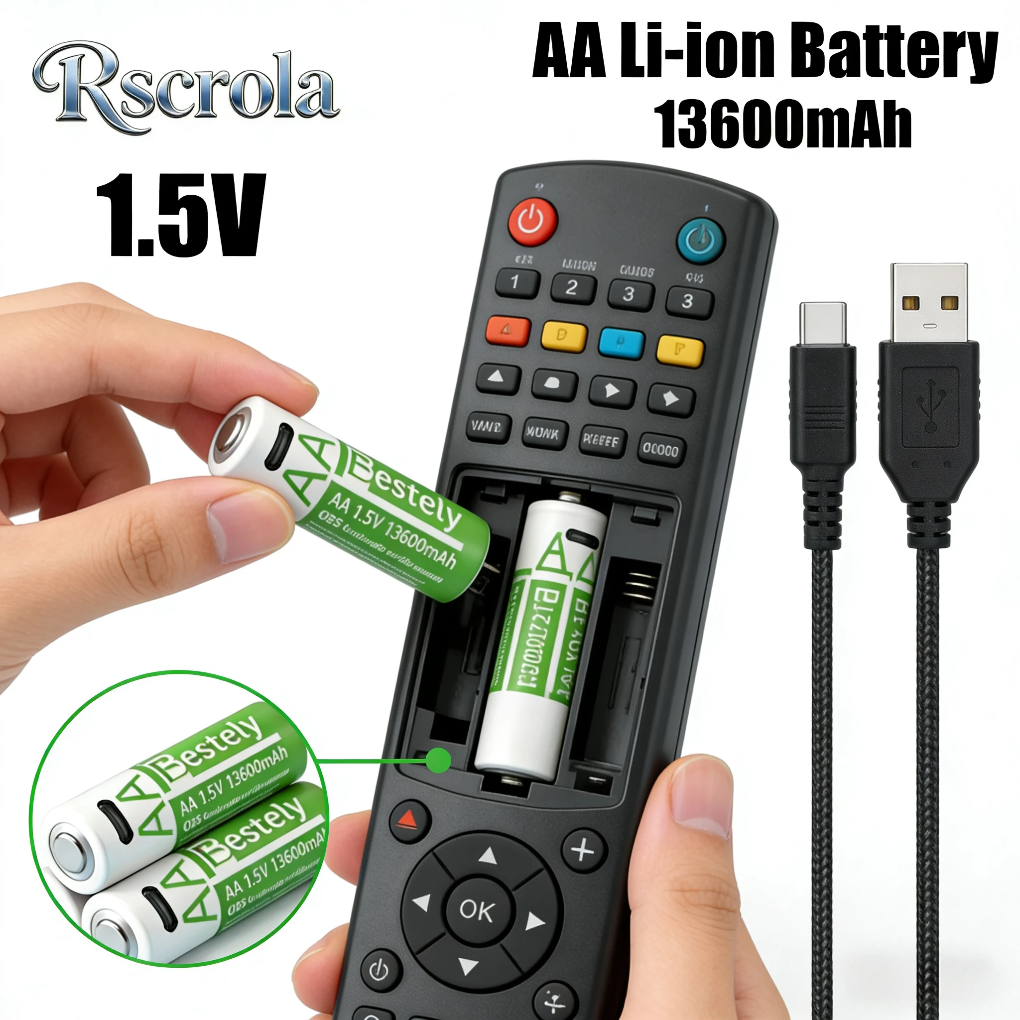 

13600mAh High Capacity Long Lasting AA Rechargeable Li-ion Batteries USB-C Cables for Toys Remotes Home/Office Devices