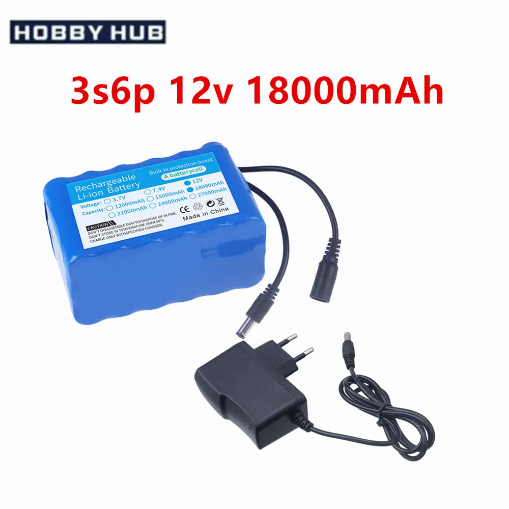 3S6P 18650 Lithium-Akku, 12 V, 18.000 mAh, für Bluetooth-Lautsprecher, LED-Licht, wiederaufladbarer Akku mit integriertem BMS + Ladegerät