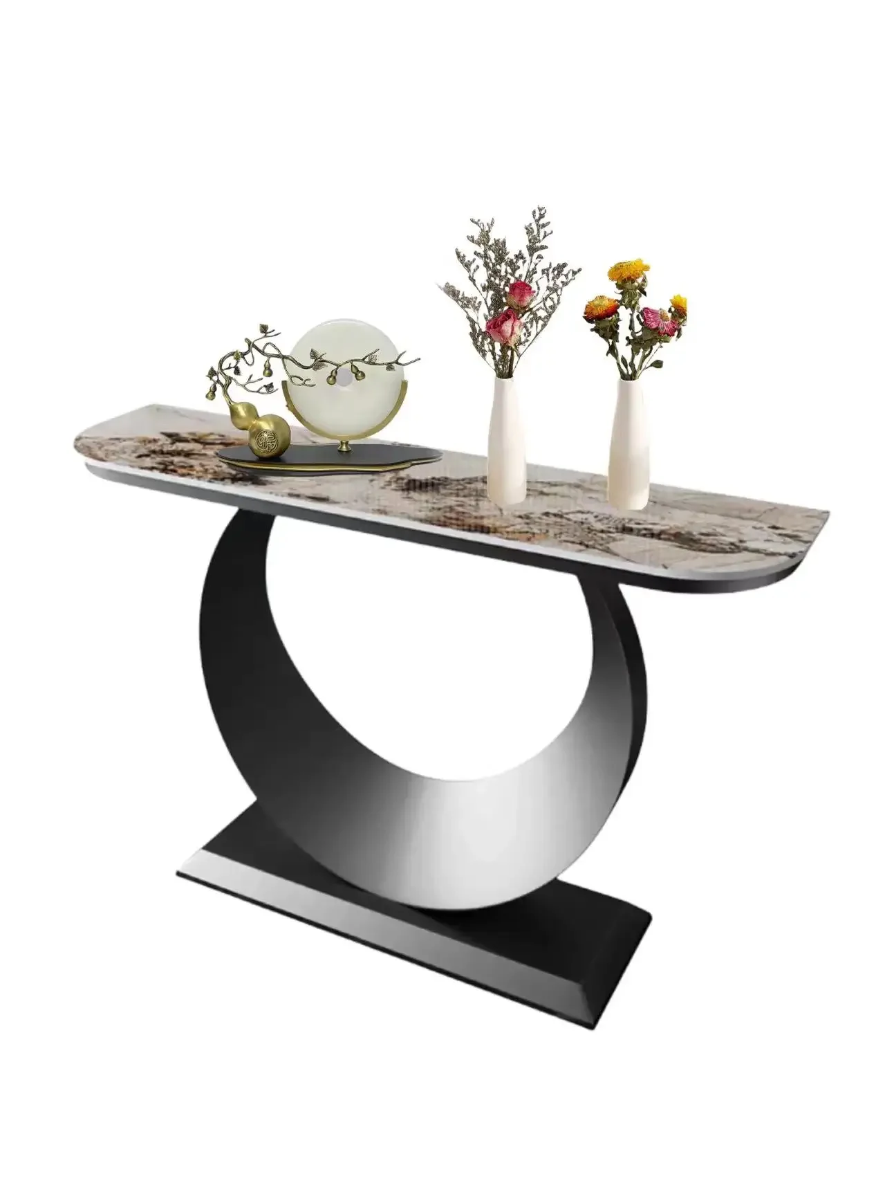 

Decoration of light luxury rock slab porch, semi circular porch cabinet, corridor, wall and strip table