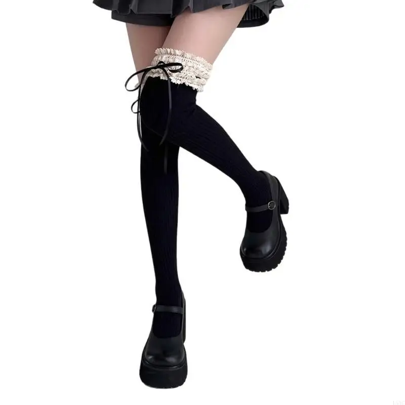 L5YC Women Japanese Student Winter Warm Cotton Over Knee Long Socks Elegant Ruffled Lace Top Bowknot Thigh High Stockings