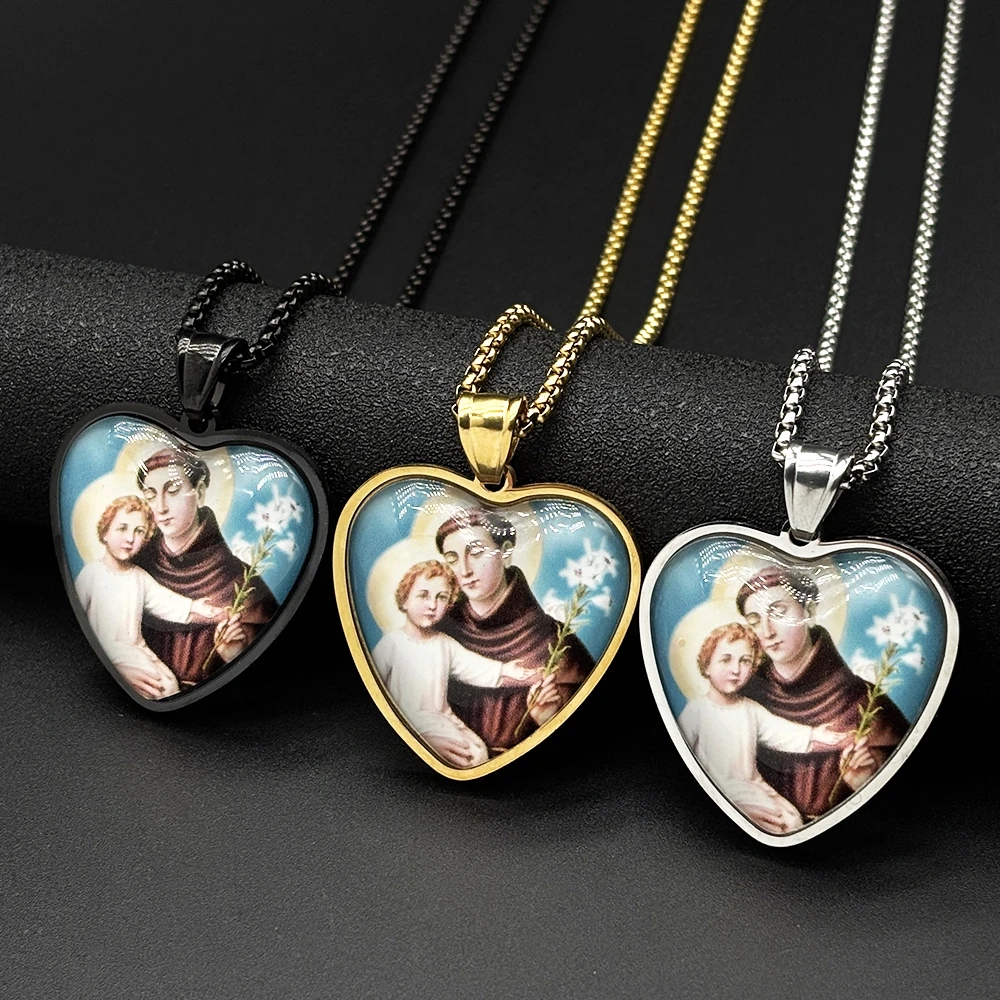 Catholic Saint Anthony of Padua Hold Christ Child Lily Heart Pendant Necklace Stainless Steel Gold Plated Amulet Chain Jewelry