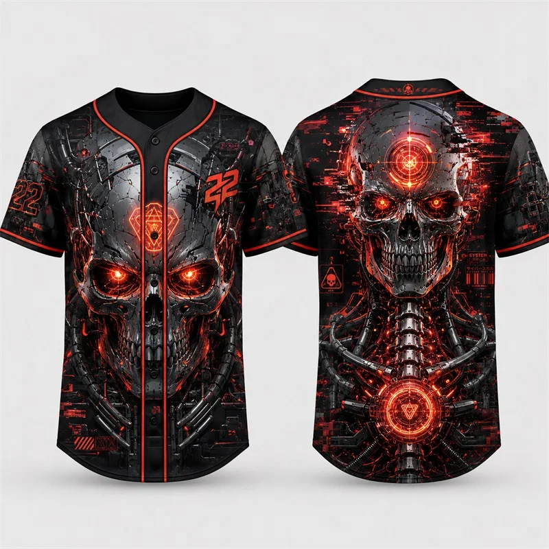Men Cyberpunk Cyborg Skull Baseball Jersey Neon Mechanical Skeleton design Short Sleeve Button Down shirts Streetwear Party Tops