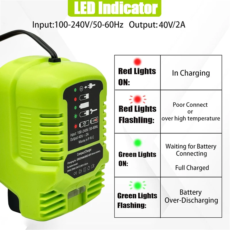 Power Tool Accessories 100-240V Smart Charge Lithium Battery Mini Fast Charger for Greenworks 40V Lithium Battery US Plug