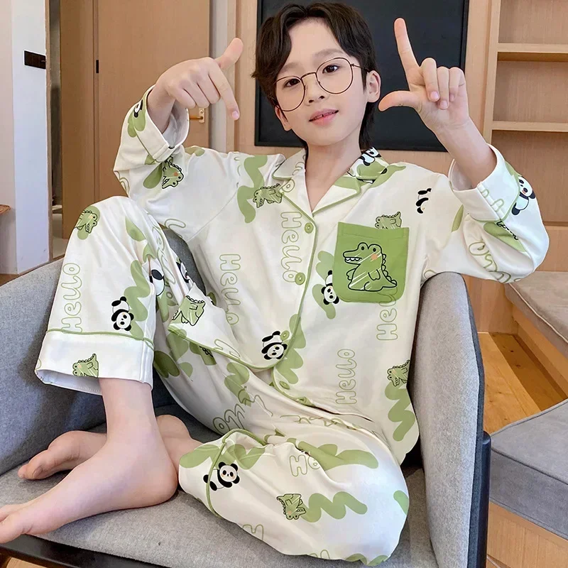 New 2026 Spring Summer Boys Cartoon Print Pajamas Home Wear Kids Casual Long Sleeve Lapel Pyjamas Teen Sleepwear Clothing Sets