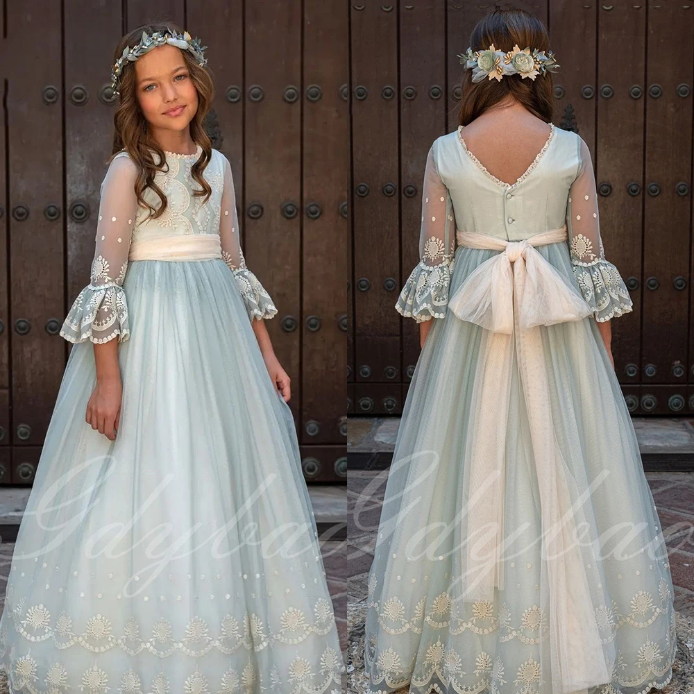 

Flower Girl Dress For Wedding Long Applique Puffy Tulle 2/3 Sleeves Princess Kids Party First Holy Communion Baby Ball Gown