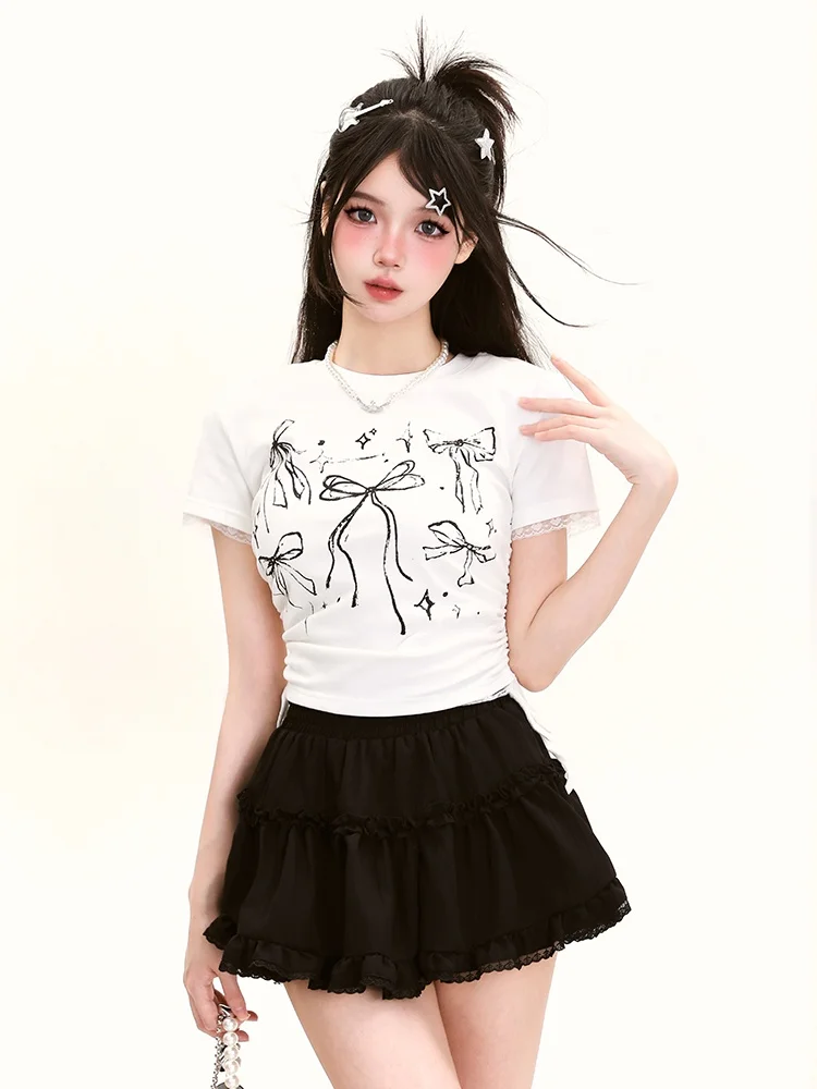 Japanese Style Lace Splicing Short A-Line Puffy Skirt Women's Summer Versatile Super Beautiful High Waist Slimming  Skirt