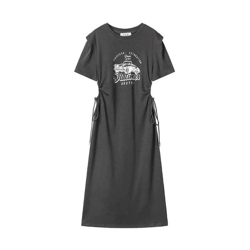 Short Sleeve Drawstring Letter Printing Casual Dresses New Summer Loose Youth Fashion Midi Dress Korean Trend Women Clothing