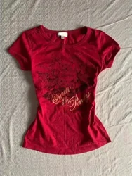 Summer New American Retro Short Sleeve Red T-shirt Women's Slimming Vintage Chic Fashion Top Casual Simple Elegant Ladies Tees