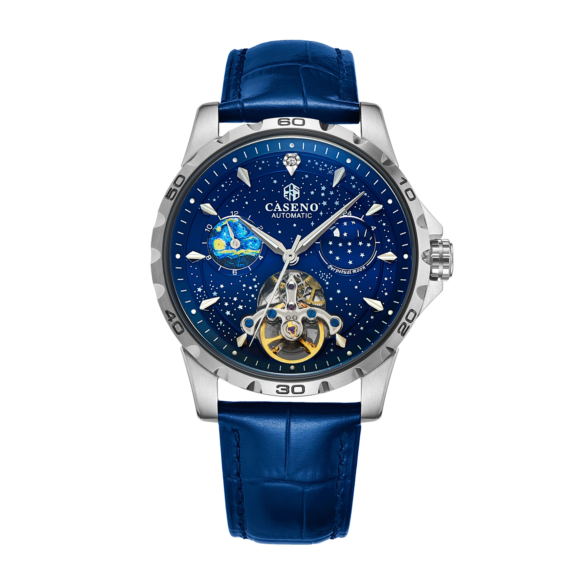 CASENO Brand Original Starry Sea Night Light Fully Automatic Mechanical Waterproof Moon Phase Star Multifunctional Men's Watch