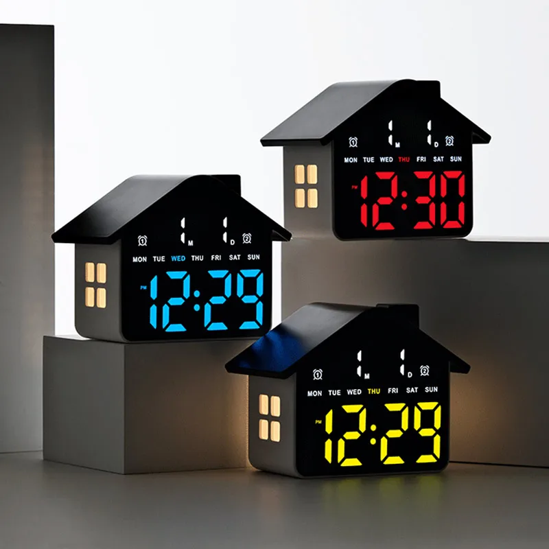 LED Adjustable Alarm Clock House Ornament Multi-functional Lighting Digital Desktop Decoration Home Room Figurines Kids Gifts