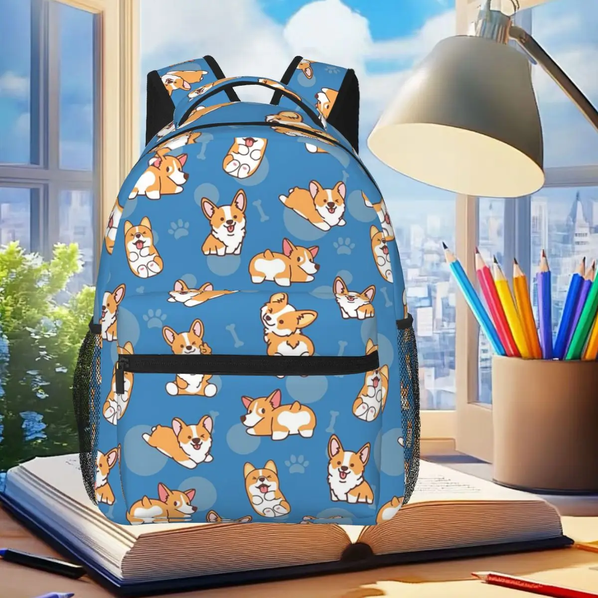 

Corgi Puppy Lie Down In Blue Background Backpack Student Boys Girls BookBag Kids School Bag Computer Shoulder Bags for Men Women