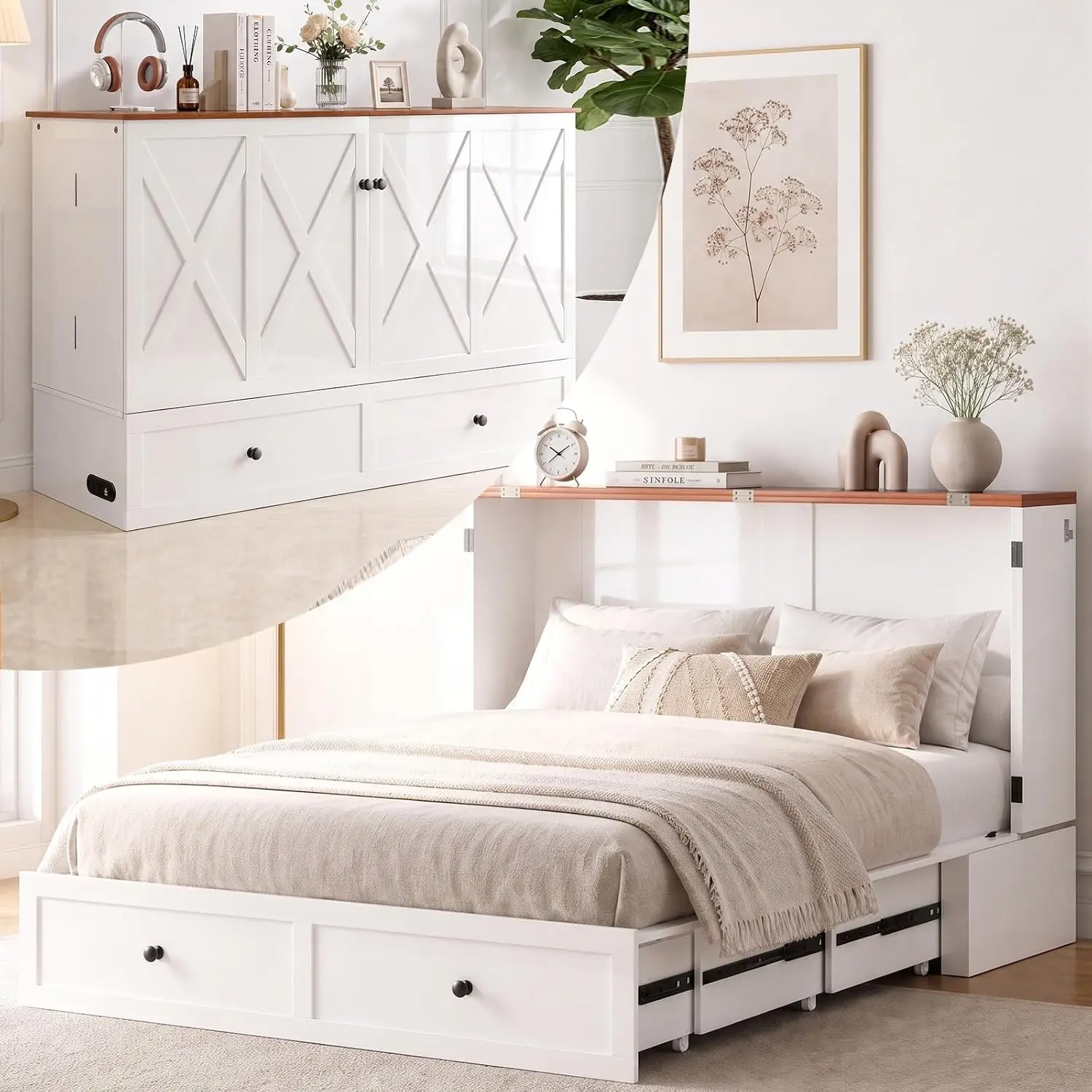 Cabinet Bed Tri-Fold Mattress Queen Size White, Customized